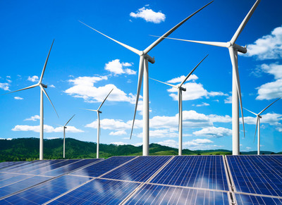 太阳能电池板和风力涡轮机农场清洁能源.创意合成免费下载_jpg格式_7274像素_编号36390190